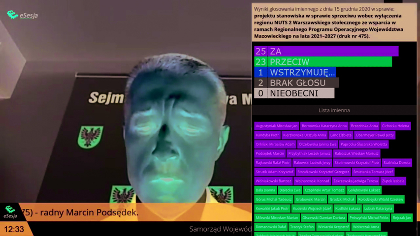 screen ekranu monitora, na którym widać Ludwika Rakowskiego oraz wynik głosowania nad stanowiskiem