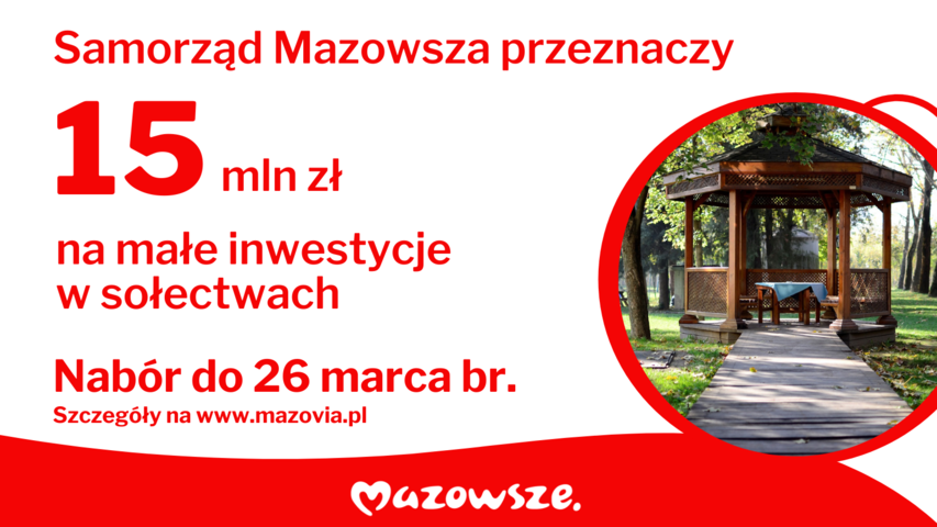 Grafika informująca o kwocie i terminie składaniw niosków. Po prawej stronie jest zdjęcie jednego z realizowanych zadań - altanki w parku.