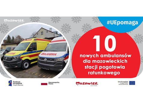 Dwa ambulanse medyczne po lewej, po prawej tekst informacyjny o zakupionych ambulansach.