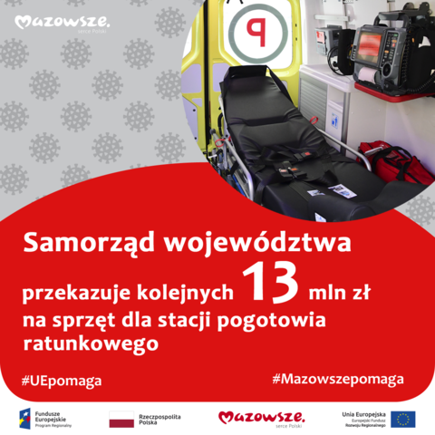 infografika wnętrze karetki i napis samorząd województwa przekazuje kolejnych 13 mln zł na sprzęt dla stacji pogotowia ratunkowego