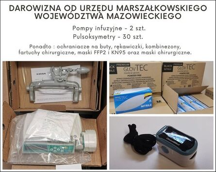 Slajd, na którym przedstawiono: pulsoksymetr, pompę infuzyjną oraz maseczki ochronne