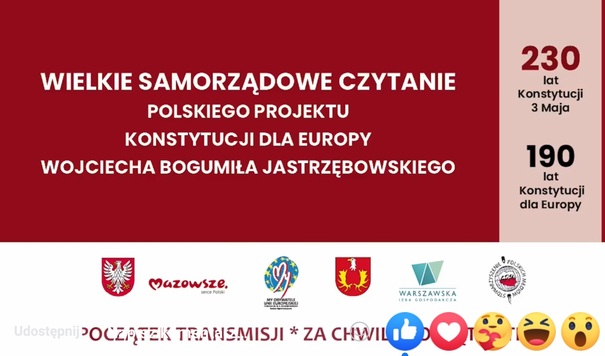 Plansza zapowiadająca transmisje wielkiego samorządowego czytania Konstytucji dla Europy