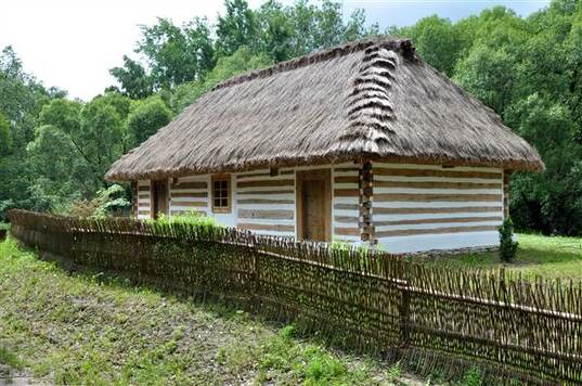 Wiejska chata kryta strzechą, otacza ją drewniany płot