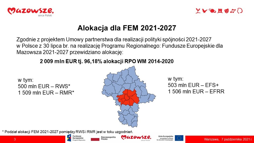 Tablica informująca o wysokości alokacji dla FEM 2021-2027. Podany podział kwoty alokacji. Jest mapka schematyczna Mazowsza obrazująca podział powiatów na dwa obszary NUTS.