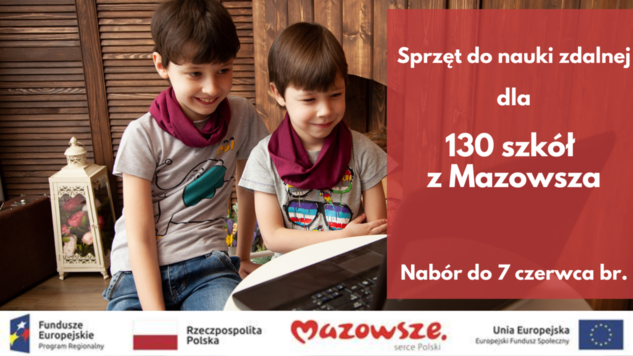 Infografika dwoje dzieci przy laptopie po prawej stronie napis sprzęt do nauki zdalnej dla 130 szkół z Mazowsza nabór do 7 czerwca