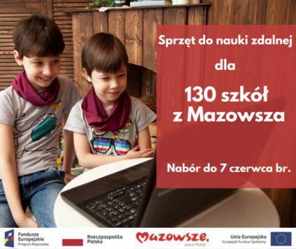 Infografika dwoje dzieci przy laptopie po prawej stronie napis sprzęt do nauki zdalnej dla 130 szkół z Mazowsza nabór do 7 czerwca