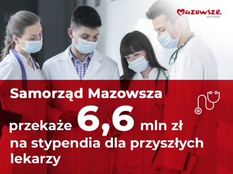 Grafika: na zdjęciu grupa lekarzy w maseczkach, tekst: Samorząd Mazowsza przekaże 6,6 mln zł na stypendia dla przyszłych lekarzy