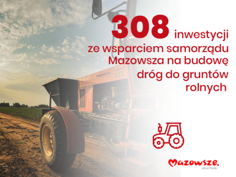 	Grafika: zdjęcie traktora, tekst: 308 inwestycji ze wsparciem samorządu Mazowsza na budowę dróg do gruntów rolnych