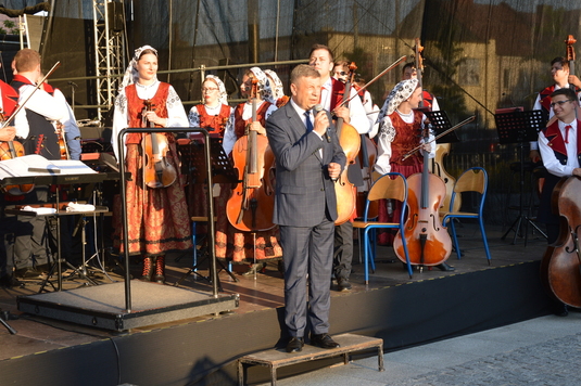 Mężczyzna stoi na scenie, w ręku trzyma mikrofon. Za nim siedzą muzycy z zespołu pieśni i tańca