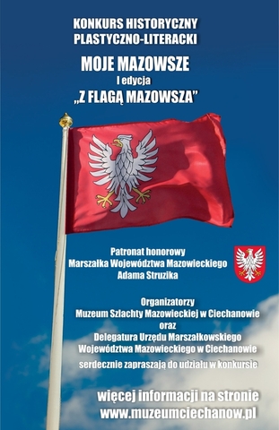 Powiewająca na wietrze flaga z orłem. Nad flagą i poniżej informacje o konkursie