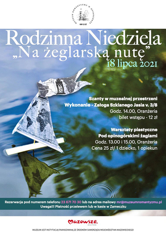 Plakat zawierający zdjęcie żaglówki wykonanej z gazety i patyków pływającej po wodzie. U góry i z prawej strony informacje o wydarzeniu.