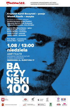 Plakat promujący koncert. Widać na nim portret Krzysztofa Kamila Baczyńskiego na niebieskim tle. Po lewej stronie białe napisy