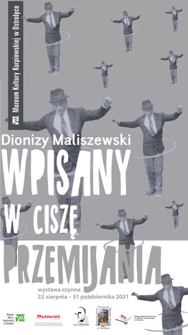 Plakat w formie graficznej zawierający informacje o wystawie oraz różnych rozmiarów postaci jednego mężczyzny w kapeluszu w rozpostartymi rękoma kręcący na biodrach obręcz hula hop