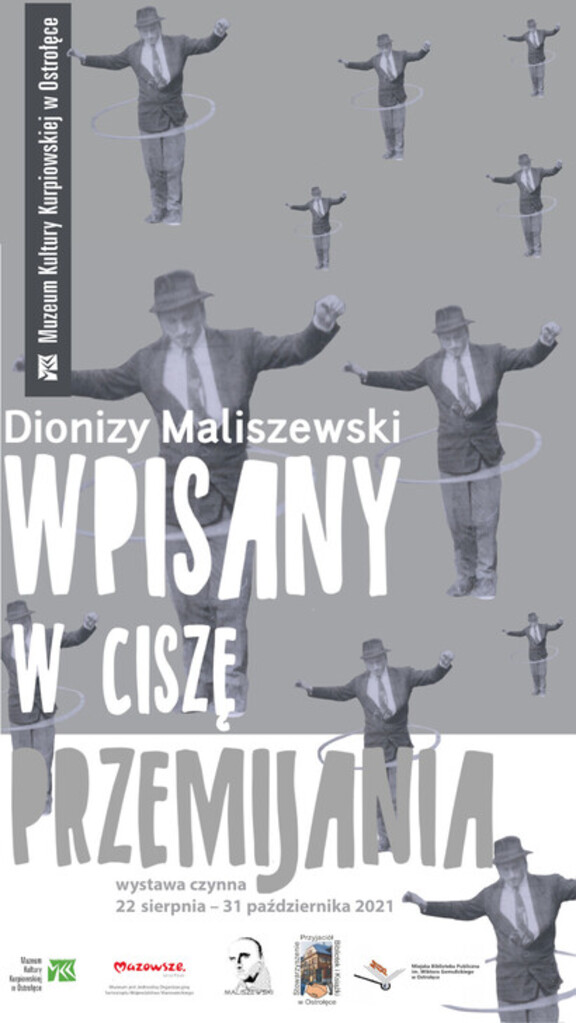 Plakat w formie graficznej zawierający informacje o wystawie oraz różnych rozmiarów postaci jednego mężczyzny w kapeluszu w rozpostartymi rękoma kręcący na biodrach obręcz hula hop