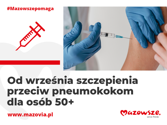 Infografika informująca o możliwości bezpłatnego szczepienia przeciw pneumokokom dla osób powyżej 50. roku życia.