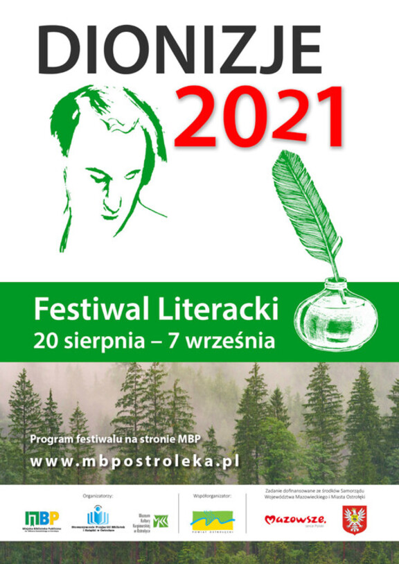 Plakat w formie graficznej zawierający informacje o wydarzeniu oraz grafikę kontur twarzy mężczyzny, rok, tło w postaci zdjęcia lasu iglastego