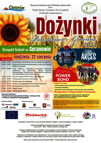 Plakat w formie graficznej zawierający program dożynek oraz zdjęcia artystów