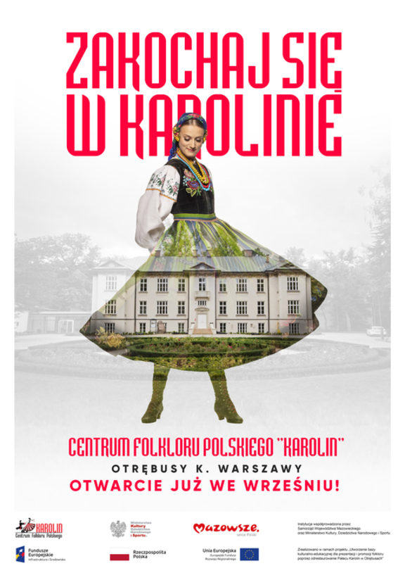 Plakat w formie graficznej zawierający informację o wydarzeniu oraz zdjęcie kobiety w stroju ludowym na tle pałacu.