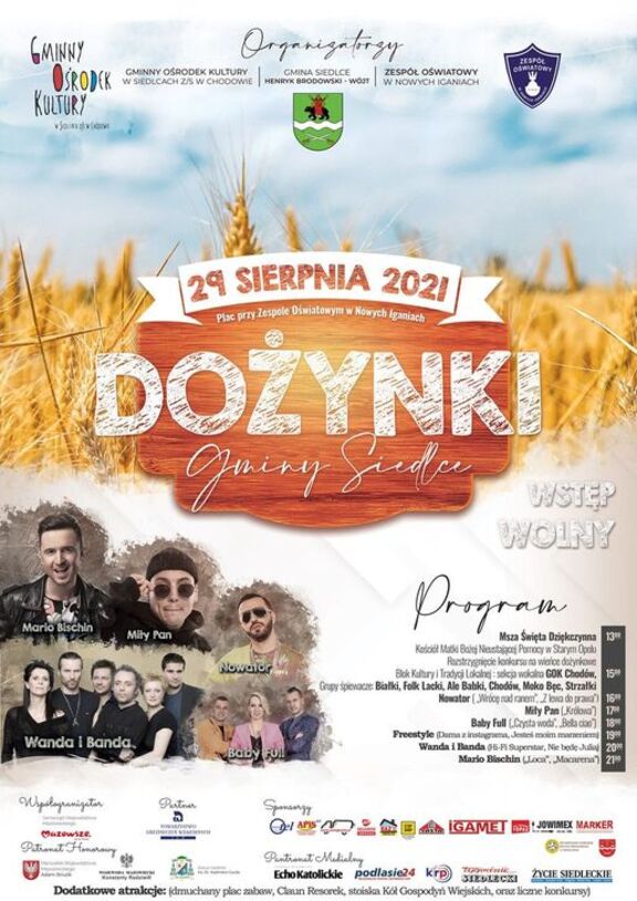 Plakat w formie graficznej zawierający informacje o dożynkach, zdjęcia artystów, w tle dojrzałe łany zbóż.