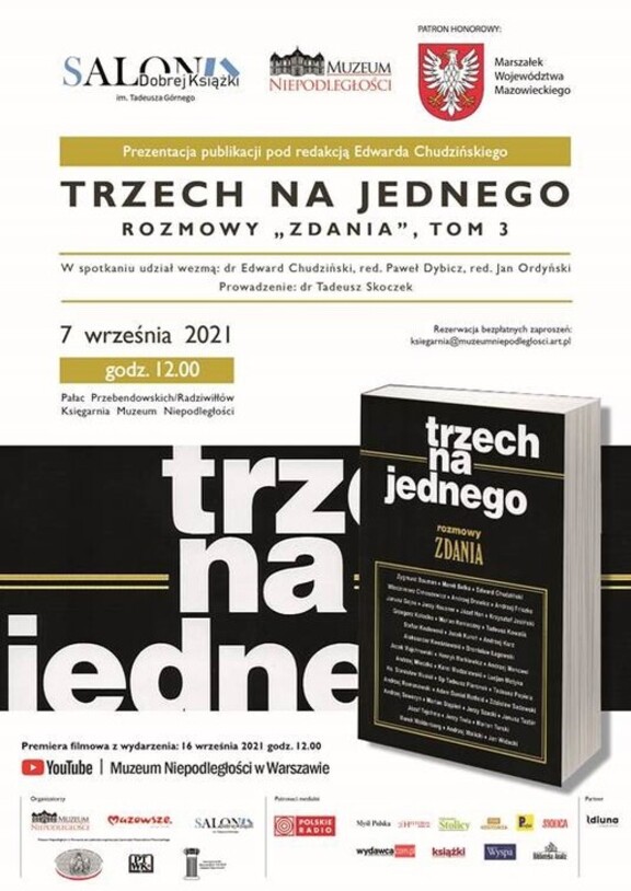 Plakat w formie graficznej zawierający informacje o wydarzeniu oraz zdjęcie prezentowanej książki ustawionej pionowo