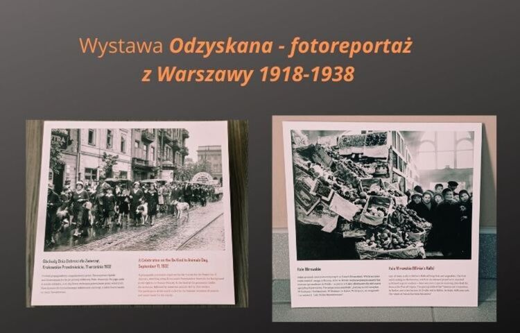 Plansza wystawy z dwoma archiwalnymi fotografiami przedstawiającymi ulice Warszawy oraz grupę ludzi. Nad zdjęciami umieszczona jest informacja o wystawie.