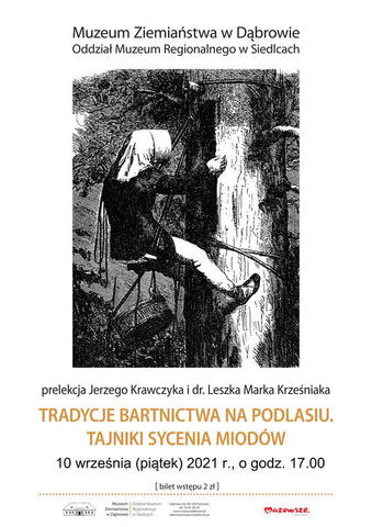 Plakat w formie graficznej zawierający na dole strony informacje o wydarzeniu oraz archiwalną rycinę przedstawiającą mężczyznę wspinającego się przy pomocy liny po pniu drzewa.