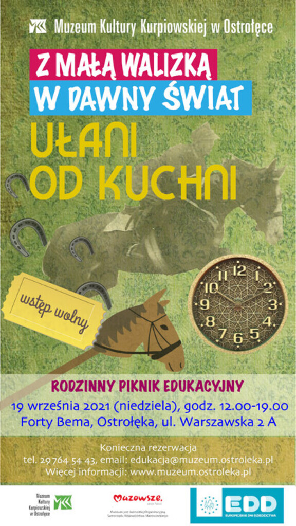 Plakat w wersji graficznej zawierający informacje o wydarzeniu i grafiki przedstawiające ułana jadącego konno, tarczę zegara, dziecięcą zabawkę przedstawiającą głowę konia na długim kiju.