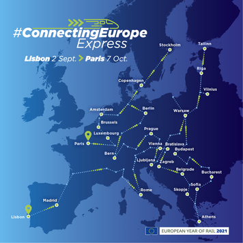 mapa Europy z zaznaczonymi stolicami, w których zatryzma się pociag