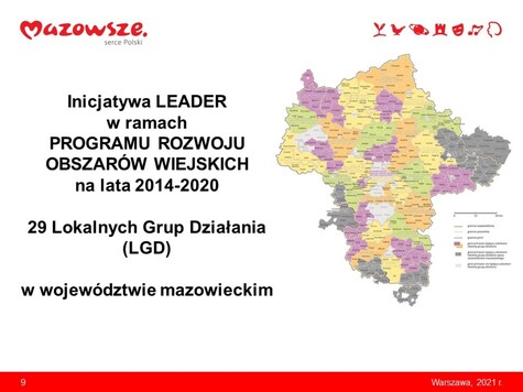 Infografika z opisem inicjatywy LEADER w ramach realizacji Programu Rozwoju Obszarów Wiejskich 2014-2020 na Mazowszu, z mapką województwa mazowieckiego z granicami terytorium 29 lokalnych grup działania.