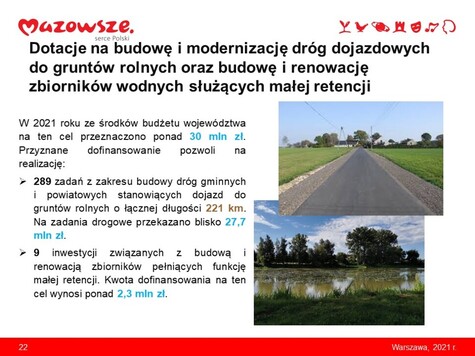 Infografika z opisem dotacji na budowę i modernizację dróg dojazdowych do gruntów rolnych oraz budowę i renowację zbiorników wodnych służących małej retencji.