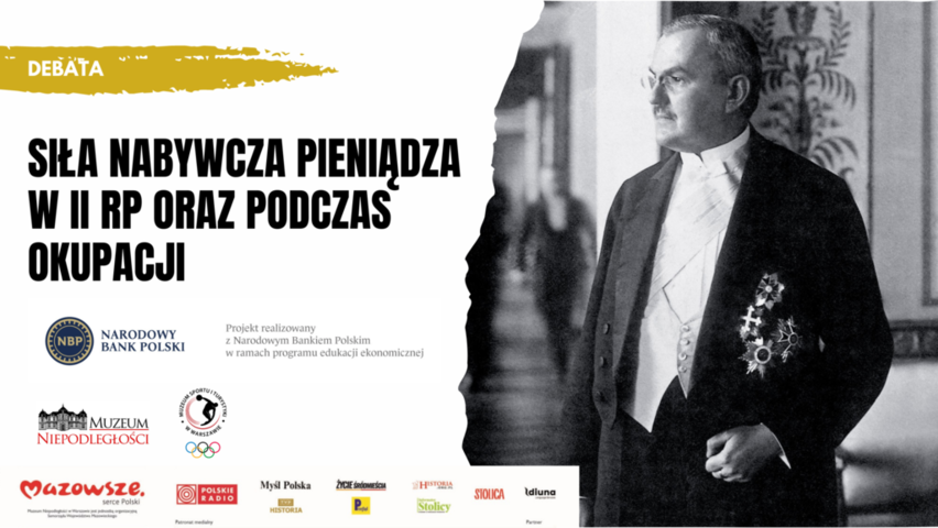 Plakat w formie graficznej zawierający informacje o wydarzeniu oraz fragment archiwalnego zdjęcia z mężczyzną w stroju oficjalnym