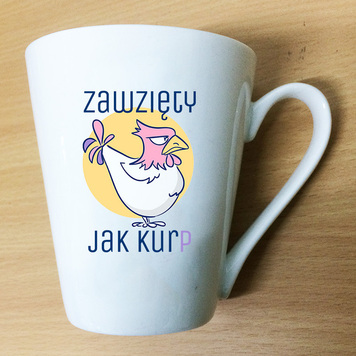 Kubek ceramiczny z uchem z wizerunkiem kura i napisem zawzięty jak Kurp.