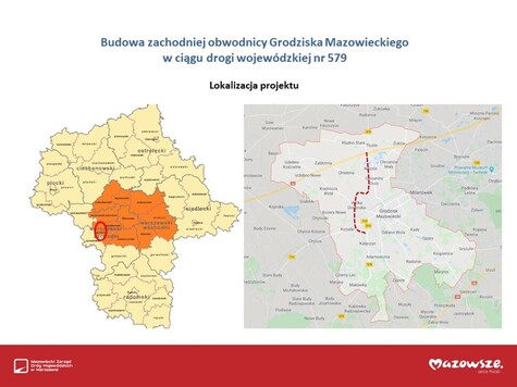 Infografika z dwoma mapkami, oznaczenie miejsca lokalizacji i schematycznej trasy przebiegu obwodnicy