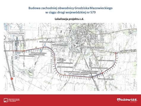 Infografika, na mapce pokazana schematyczna trasy przebiegu obwodnicy Grodziska Mazowieckiego