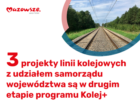 Infografika. Zdjęcie torów oraz logo Mazowsza. Informacja o 3 projektach z udziałem samorządu Mazowsza w programie Kolej Plus inny wymiar.