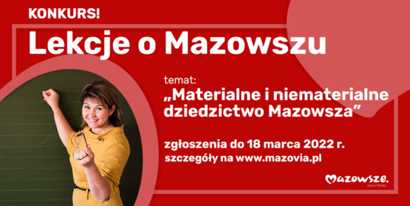 Infografika o konkursie. W lewym dolnym roku zdjęcie nauczycielki. Po prawej stronie na czerwonym tle białe napisy informujące o konkursie.