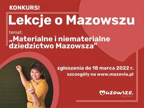 plakat przedstawia nauczycielkę przy tablicy i informacje o konkursie