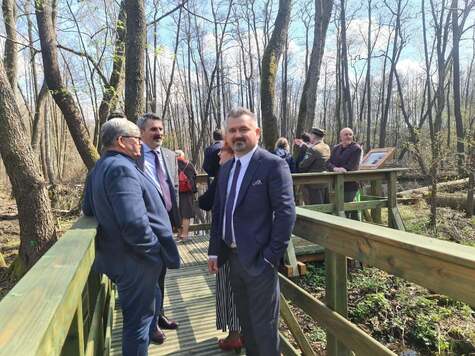 Na zdjęciu grupa ludzi na ścieżce ekologicznej, wokół las 