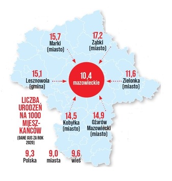 Mapka województwa ze wskaźnikami dzietności