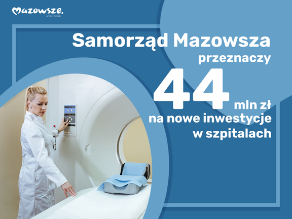 Grafika, na której jest zdjęcie rezonansu magnetycznego, przy którym stoi pielęgniarka. Obok zdjęcia jest informacja o przekazaniu przez Samorząd Mazowsza 44 mln zł na inwestycje w szpitalach