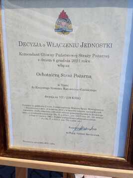 Zdjęcie decyzji o włączeniu OSP Mienia do KRSG 