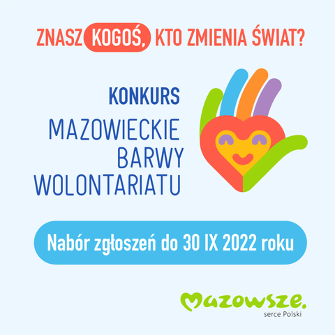 Schematycznie narysowana dłoń w geście machania na powitanie. Obok są informacje: nazwa konkursu i termin nadsyłania zgłoszeń - do 30 października 2022 r.