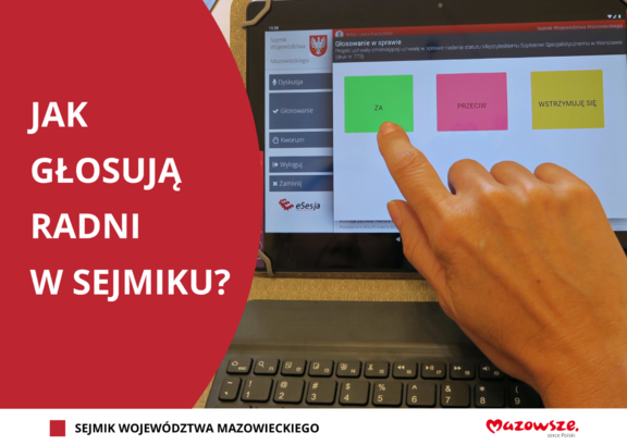 Grafika. Po prawej stronie jest pole z tekstem jak głosują radni, a po prawej tablet z wyświetlanym trybem głosowania. Nad tabletem jest dłoń, która palcem wskazującym wskazuje pole "za"