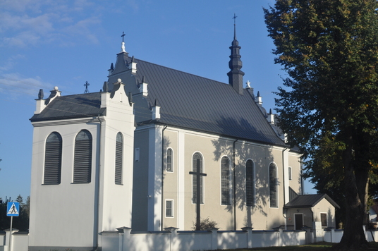 Widok na budynek kościoła, nad którym góruje wieża. 