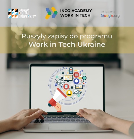 Grafika, na której widać otwarty laptop, na klawiaturze widać dwie dłonie. Wyżej jest napis: ruszyły zapisy do Work in Tech Ukraine