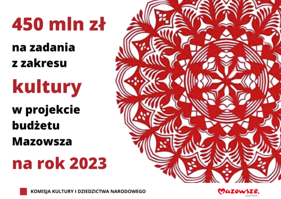 Grafika z kurpiowską wycinanką i informacją o przeznaczeniu 450 zł na kulturę