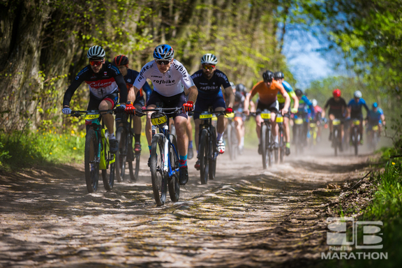 Kolarze na rowerach mtb jadą przez las