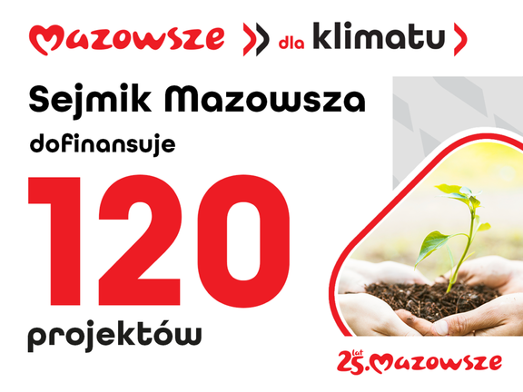 Grafika promująca program. Napis: Mazowsze dla klimatu. Sejmik dofinansuje 120 projektów