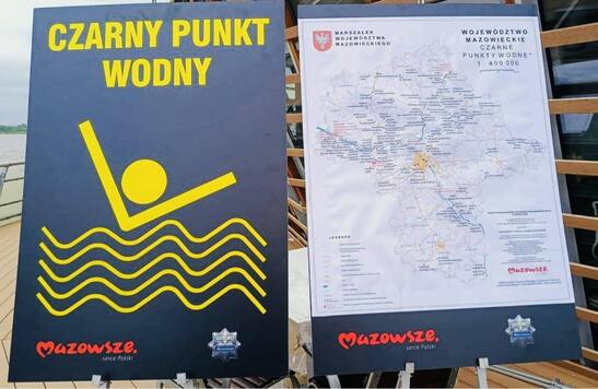 Tablica czarny punkt wodny i mapa niebezpiecznych kąpielisk