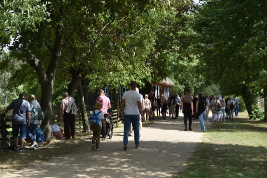 Ludzie spacerujący alejką w skansenie